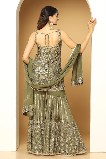 Shop_Meenagurnam_Green Chiffon Sequins Paisley Fleur Embroidered Kurta Sharara Set _at_Aza_Fashions
