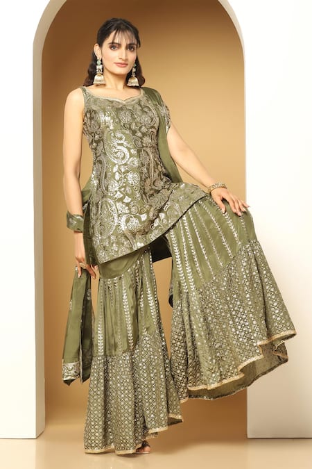 Meenagurnam_Green Chiffon Sequins Paisley Fleur Embroidered Kurta Sharara Set _Online_at_Aza_Fashions
