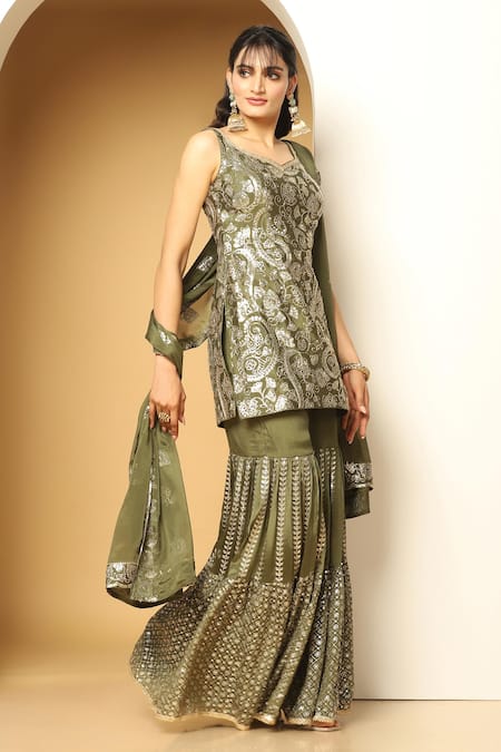 Buy_Meenagurnam_Green Chiffon Sequins Paisley Fleur Embroidered Kurta Sharara Set _Online_at_Aza_Fashions