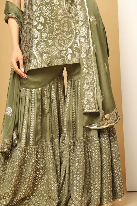 Shop_Meenagurnam_Green Chiffon Sequins Paisley Fleur Embroidered Kurta Sharara Set _Online_at_Aza_Fashions