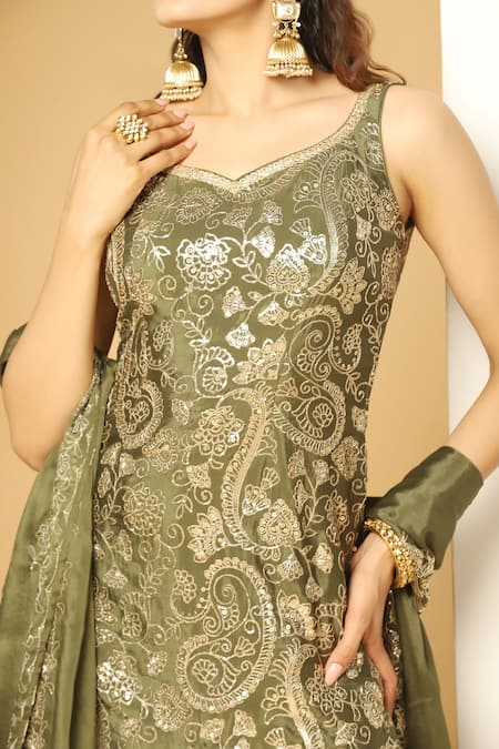 Meenagurnam_Green Chiffon Sequins Paisley Fleur Embroidered Kurta Sharara Set _at_Aza_Fashions