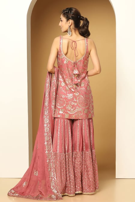 Shop Meenagurnam Pink Chiffon Sequins Polo Collar Paisley Bloom Embroidered Kurta Sharara Set at Aza Fashions Shop_Meenagurnam_Pink Chiffon Sequins Polo Collar Paisley Bloom Embroidered Kurta Sharara Set _at_Aza_Fashions