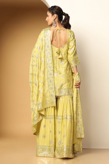 Shop Meenagurnam Yellow Chiffon Sequins, Beads Buttercup Bloom Embroidered Kurta Sharara Set at Aza Fashions Shop_Meenagurnam_Yellow Chiffon Sequins, Beads Buttercup Bloom Embroidered Kurta Sharara Set _at_Aza_Fashions