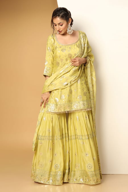 Meenagurnam Yellow Chiffon Sequins, Beads Buttercup Bloom Embroidered Kurta Sharara Set Online at Aza Fashions Meenagurnam_Yellow Chiffon Sequins, Beads Buttercup Bloom Embroidered Kurta Sharara Set _Online_at_Aza_Fashions
