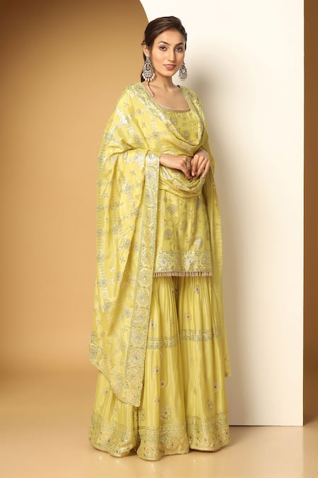 Buy Meenagurnam Yellow Chiffon Sequins, Beads Buttercup Bloom Embroidered Kurta Sharara Set Online at Aza Fashions Buy_Meenagurnam_Yellow Chiffon Sequins, Beads Buttercup Bloom Embroidered Kurta Sharara Set _Online_at_Aza_Fashions