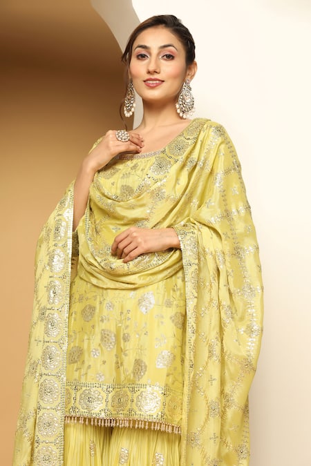 Shop Meenagurnam Yellow Chiffon Sequins, Beads Buttercup Bloom Embroidered Kurta Sharara Set Online at Aza Fashions Shop_Meenagurnam_Yellow Chiffon Sequins, Beads Buttercup Bloom Embroidered Kurta Sharara Set _Online_at_Aza_Fashions