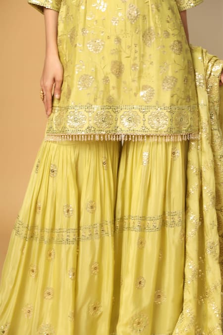 Meenagurnam Yellow Chiffon Sequins, Beads Buttercup Bloom Embroidered Kurta Sharara Set at Aza Fashions Meenagurnam_Yellow Chiffon Sequins, Beads Buttercup Bloom Embroidered Kurta Sharara Set _at_Aza_Fashions