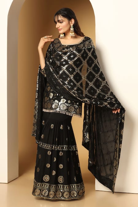 Buy Meenagurnam Black Chiffon Beads, Sequins Round Neck Musk Bloom Embroidered Kurta Sharara Set Online at Aza Fashions Buy_Meenagurnam_Black Chiffon Beads, Sequins Round Neck Musk Bloom Embroidered Kurta Sharara Set _Online_at_Aza_Fashions