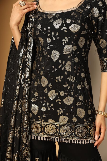 Meenagurnam Black Chiffon Beads, Sequins Round Neck Musk Bloom Embroidered Kurta Sharara Set at Aza Fashions Meenagurnam_Black Chiffon Beads, Sequins Round Neck Musk Bloom Embroidered Kurta Sharara Set _at_Aza_Fashions