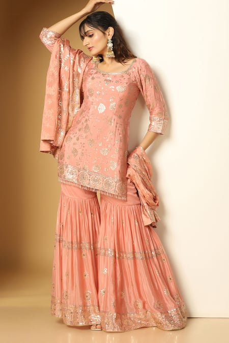 MeenaGurnam Sequin Carnation Bloom Embroidered Kurta Sharara Set 