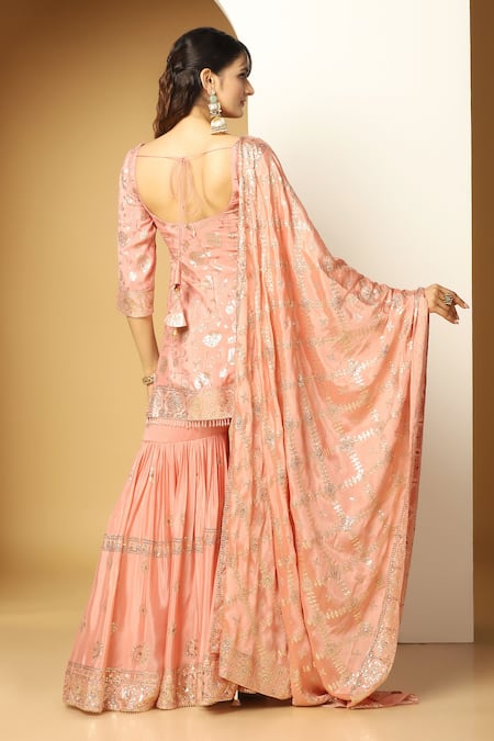 Shop Meenagurnam Peach Chiffon Sequins, Beads Round Carnation Bloom Embroidered Kurta Sharara Set at Aza Fashions Shop_Meenagurnam_Peach Chiffon Sequins, Beads Round Carnation Bloom Embroidered Kurta Sharara Set _at_Aza_Fashions