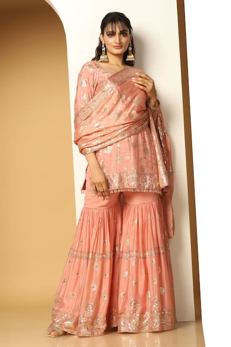 Meenagurnam Peach Chiffon Sequins, Beads Round Carnation Bloom Embroidered Kurta Sharara Set Online at Aza Fashions Meenagurnam_Peach Chiffon Sequins, Beads Round Carnation Bloom Embroidered Kurta Sharara Set _Online_at_Aza_Fashions
