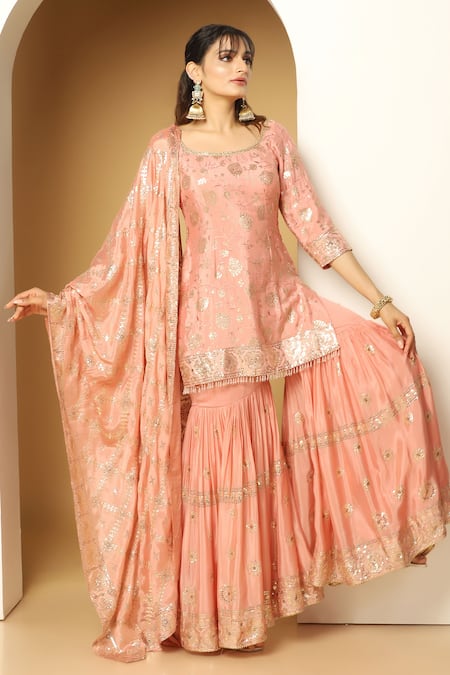 Buy Meenagurnam Peach Chiffon Sequins, Beads Round Carnation Bloom Embroidered Kurta Sharara Set Online at Aza Fashions Buy_Meenagurnam_Peach Chiffon Sequins, Beads Round Carnation Bloom Embroidered Kurta Sharara Set _Online_at_Aza_Fashions