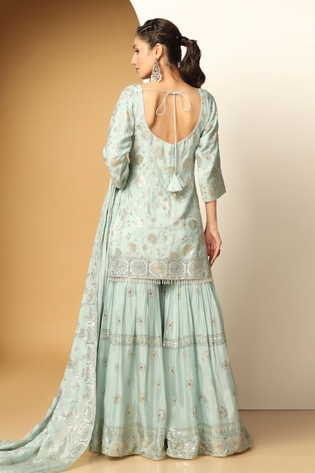 Shop Meenagurnam Blue Chiffon Sequins, Beads Round Neck Blossom Embroidered Kurta Sharara Set at Aza Fashions Shop_Meenagurnam_Blue Chiffon Sequins, Beads Round Neck Blossom Embroidered Kurta Sharara Set _at_Aza_Fashions