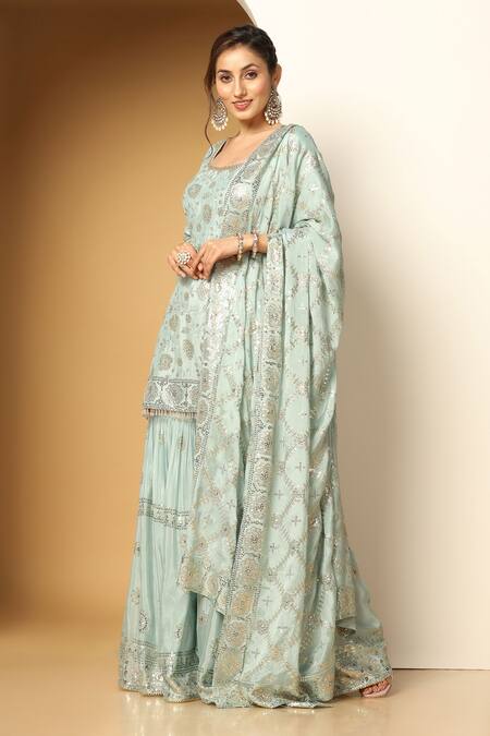 Buy Meenagurnam Blue Chiffon Sequins, Beads Round Neck Blossom Embroidered Kurta Sharara Set Online at Aza Fashions Buy_Meenagurnam_Blue Chiffon Sequins, Beads Round Neck Blossom Embroidered Kurta Sharara Set _Online_at_Aza_Fashions