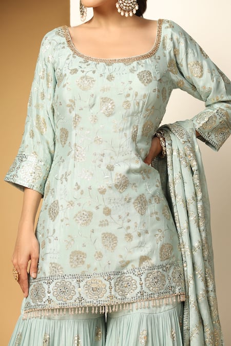 Meenagurnam Blue Chiffon Sequins, Beads Round Neck Blossom Embroidered Kurta Sharara Set at Aza Fashions Meenagurnam_Blue Chiffon Sequins, Beads Round Neck Blossom Embroidered Kurta Sharara Set _at_Aza_Fashions