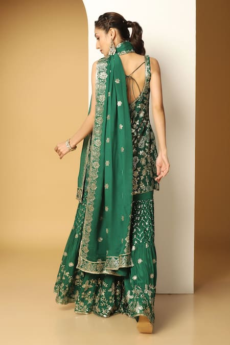 Shop Meenagurnam Green Chiffon Sequins Polo Collar Embroidered Kurta Sharara Set at Aza Fashions Shop_Meenagurnam_Green Chiffon Sequins Polo Collar Embroidered Kurta Sharara Set _at_Aza_Fashions