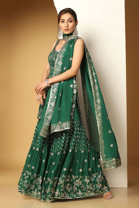Meenagurnam Green Chiffon Sequins Polo Collar Embroidered Kurta Sharara Set Online at Aza Fashions Meenagurnam_Green Chiffon Sequins Polo Collar Embroidered Kurta Sharara Set _Online_at_Aza_Fashions