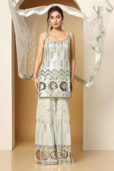 Meenagurnam Blue Net, Georgette Sequins, Embroidery Floral Metallic Kurta Sharara Set