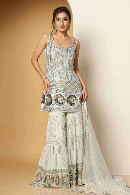 Meenagurnam Blue Net, Georgette Sequins, Embroidery Floral Metallic Kurta Sharara Set Online at Aza Fashions Meenagurnam_Blue Net, Georgette Sequins, Embroidery Floral Metallic Kurta Sharara Set _Online_at_Aza_Fashions