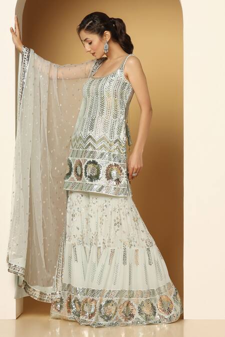 Buy Meenagurnam Blue Net, Georgette Sequins, Embroidery Floral Metallic Kurta Sharara Set Online at Aza Fashions Buy_Meenagurnam_Blue Net, Georgette Sequins, Embroidery Floral Metallic Kurta Sharara Set _Online_at_Aza_Fashions