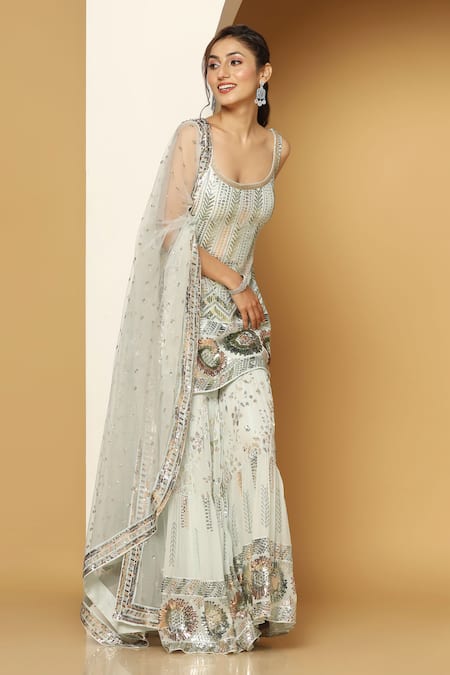 Shop Meenagurnam Blue Net, Georgette Sequins, Embroidery Floral Metallic Kurta Sharara Set Online at Aza Fashions Shop_Meenagurnam_Blue Net, Georgette Sequins, Embroidery Floral Metallic Kurta Sharara Set _Online_at_Aza_Fashions