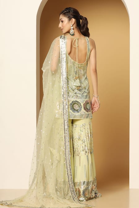 Shop Meenagurnam Green Net, Georgette Sequins, Embroidery Round Bloom Burst Kurta Sharara Set at Aza Fashions Shop_Meenagurnam_Green Net, Georgette Sequins, Embroidery Round Bloom Burst Kurta Sharara Set _at_Aza_Fashions