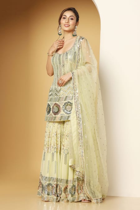 Meenagurnam Green Net, Georgette Sequins, Embroidery Round Bloom Burst Kurta Sharara Set Online at Aza Fashions Meenagurnam_Green Net, Georgette Sequins, Embroidery Round Bloom Burst Kurta Sharara Set _Online_at_Aza_Fashions