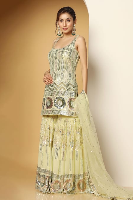 Buy Meenagurnam Green Net, Georgette Sequins, Embroidery Round Bloom Burst Kurta Sharara Set Online at Aza Fashions Buy_Meenagurnam_Green Net, Georgette Sequins, Embroidery Round Bloom Burst Kurta Sharara Set _Online_at_Aza_Fashions