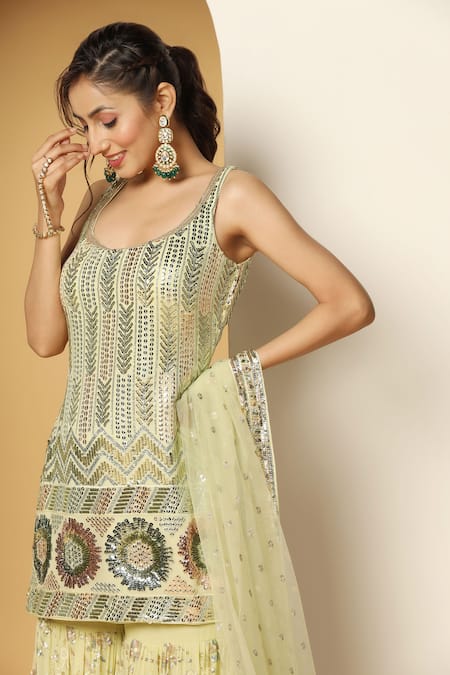 Shop Meenagurnam Green Net, Georgette Sequins, Embroidery Round Bloom Burst Kurta Sharara Set Online at Aza Fashions Shop_Meenagurnam_Green Net, Georgette Sequins, Embroidery Round Bloom Burst Kurta Sharara Set _Online_at_Aza_Fashions