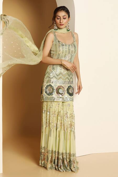 Meenagurnam Green Net, Georgette Sequins, Embroidery Round Bloom Burst Kurta Sharara Set at Aza Fashions Meenagurnam_Green Net, Georgette Sequins, Embroidery Round Bloom Burst Kurta Sharara Set _at_Aza_Fashions