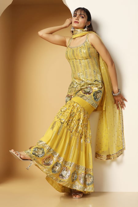 Meenagurnam_Yellow Georgette, Net Sequins, Embroidery Metallic Fleur Kurta Sharara Set _Online_at_Aza_Fashions