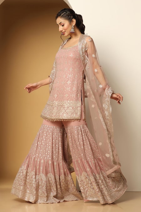 Buy Meenagurnam Pink Net, Georgette Sequins, Beads, Persian Fleur Embroidered Kurta Sharara Set Online at Aza Fashions Buy_Meenagurnam_Pink Net, Georgette Sequins, Beads, Persian Fleur Embroidered Kurta Sharara Set _Online_at_Aza_Fashions
