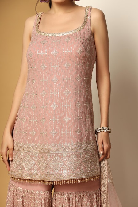 Shop Meenagurnam Pink Net, Georgette Sequins, Beads, Persian Fleur Embroidered Kurta Sharara Set Online at Aza Fashions Shop_Meenagurnam_Pink Net, Georgette Sequins, Beads, Persian Fleur Embroidered Kurta Sharara Set _Online_at_Aza_Fashions