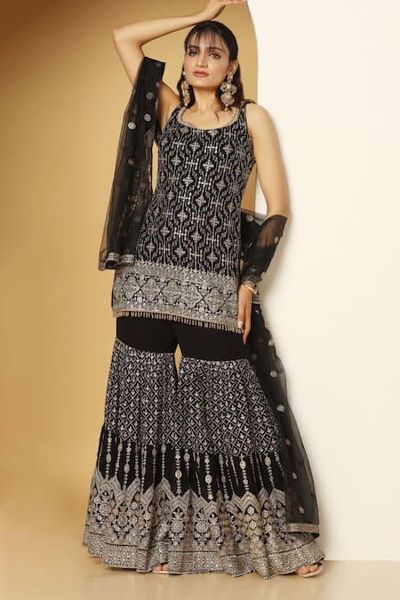 MeenaGurnam Black Net, Georgette Beads, Zari, Sequins Persian Embroidered Kurta Sharara Set 