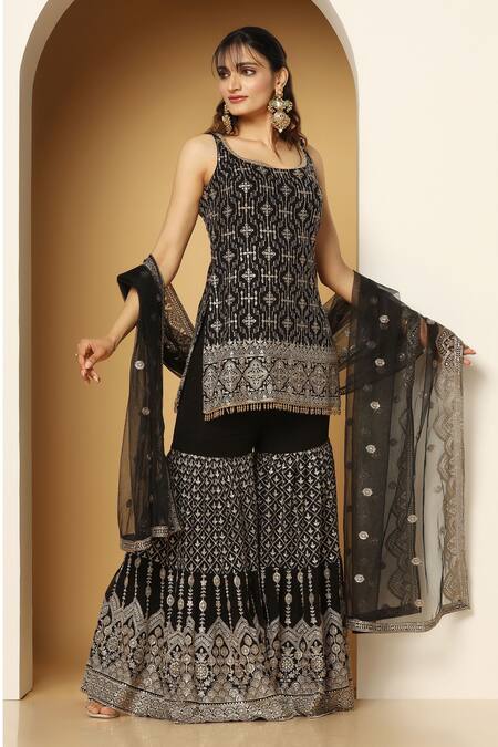 Shop Meenagurnam Black Net, Georgette Beads, Zari, Sequins Persian Embroidered Kurta Sharara Set Online at Aza Fashions Shop_Meenagurnam_Black Net, Georgette Beads, Zari, Sequins Persian Embroidered Kurta Sharara Set _Online_at_Aza_Fashions