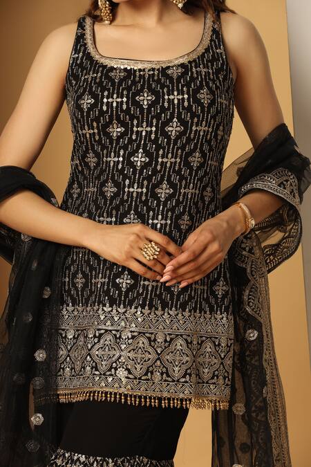 Meenagurnam Black Net, Georgette Beads, Zari, Sequins Persian Embroidered Kurta Sharara Set at Aza Fashions Meenagurnam_Black Net, Georgette Beads, Zari, Sequins Persian Embroidered Kurta Sharara Set _at_Aza_Fashions