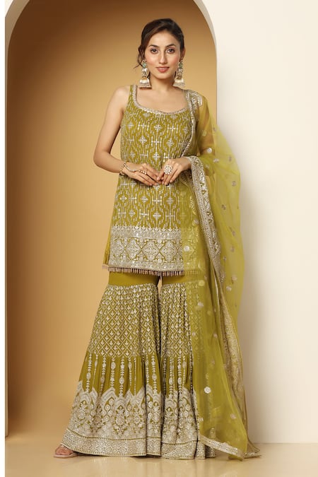 Meenagurnam Green Net, Georgette Sequins, Beads, Retro Bloom Embroidered Kurta Sharara Set