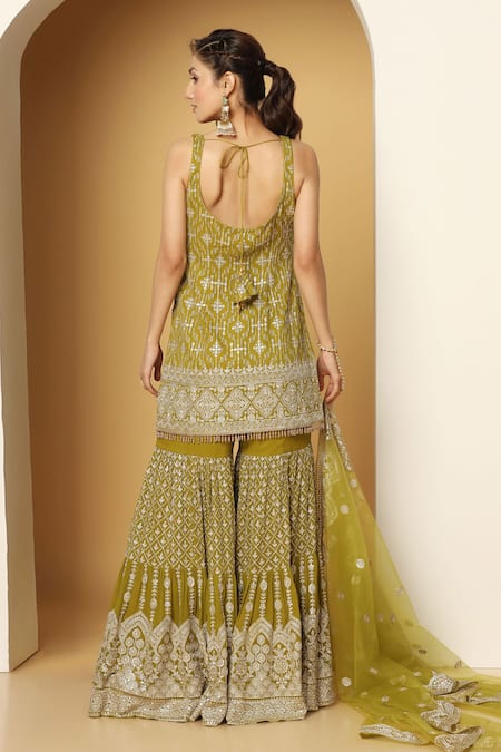 Shop Meenagurnam Green Net, Georgette Sequins, Beads, Retro Bloom Embroidered Kurta Sharara Set at Aza Fashions Shop_Meenagurnam_Green Net, Georgette Sequins, Beads, Retro Bloom Embroidered Kurta Sharara Set _at_Aza_Fashions