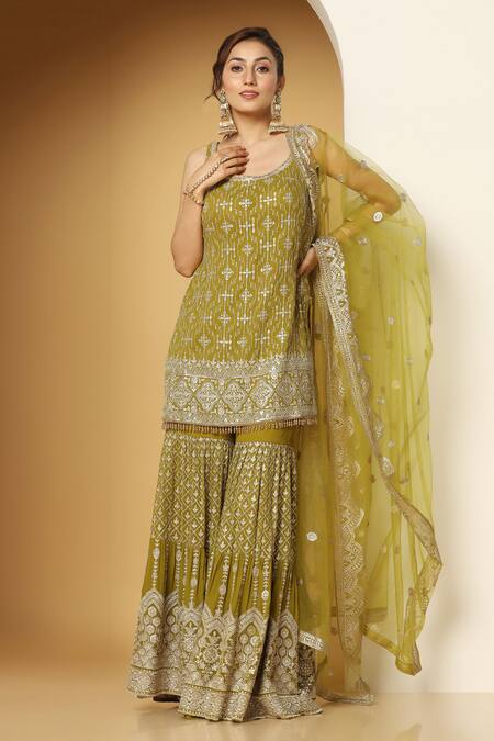 Meenagurnam Green Net, Georgette Sequins, Beads, Retro Bloom Embroidered Kurta Sharara Set Online at Aza Fashions Meenagurnam_Green Net, Georgette Sequins, Beads, Retro Bloom Embroidered Kurta Sharara Set _Online_at_Aza_Fashions