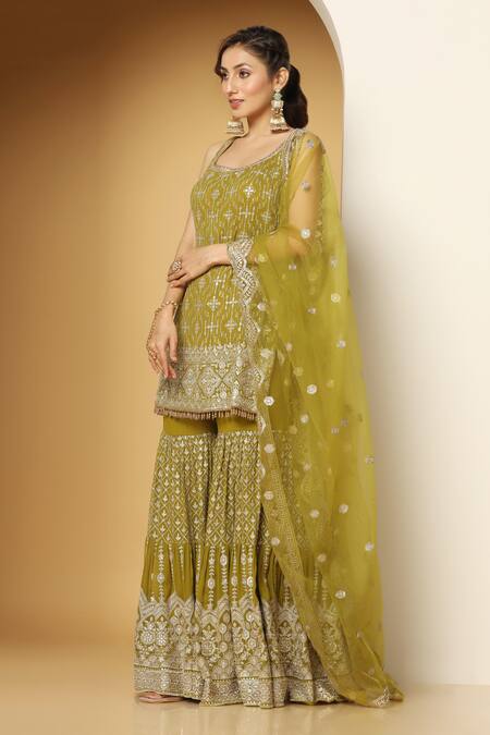 Buy Meenagurnam Green Net, Georgette Sequins, Beads, Retro Bloom Embroidered Kurta Sharara Set Online at Aza Fashions Buy_Meenagurnam_Green Net, Georgette Sequins, Beads, Retro Bloom Embroidered Kurta Sharara Set _Online_at_Aza_Fashions