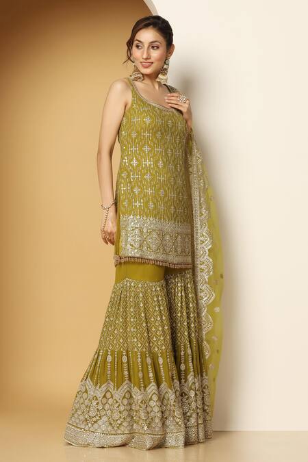Shop Meenagurnam Green Net, Georgette Sequins, Beads, Retro Bloom Embroidered Kurta Sharara Set Online at Aza Fashions Shop_Meenagurnam_Green Net, Georgette Sequins, Beads, Retro Bloom Embroidered Kurta Sharara Set _Online_at_Aza_Fashions