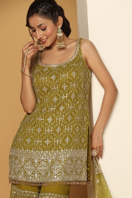 Meenagurnam Green Net, Georgette Sequins, Beads, Retro Bloom Embroidered Kurta Sharara Set at Aza Fashions Meenagurnam_Green Net, Georgette Sequins, Beads, Retro Bloom Embroidered Kurta Sharara Set _at_Aza_Fashions