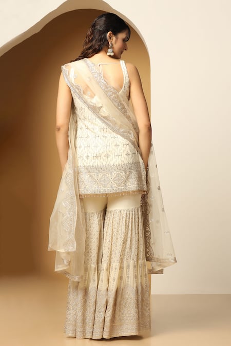 Meenagurnam Geometric Blossom Zari Embroidered Kurta Sharara Set 