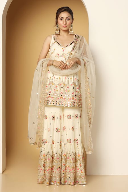 Buy_Meenagurnam_Ivory Net, Georgette Sequins, Mughal Bloom Embroidered Kurta Sharara Set _at_Aza_Fashions