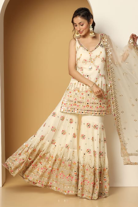 Buy_Meenagurnam_Ivory Net, Georgette Sequins, Mughal Bloom Embroidered Kurta Sharara Set _Online_at_Aza_Fashions