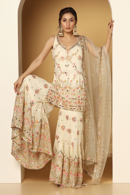 Shop_Meenagurnam_Ivory Net, Georgette Sequins, Mughal Bloom Embroidered Kurta Sharara Set _Online_at_Aza_Fashions