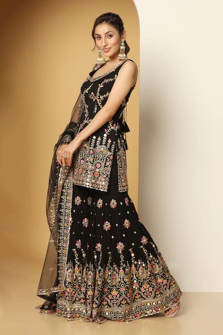 Meenagurnam_Black Net, Georgette Sequins, Mirrors, Embroidery Mughal Art Kurta Sharara Set _Online_at_Aza_Fashions