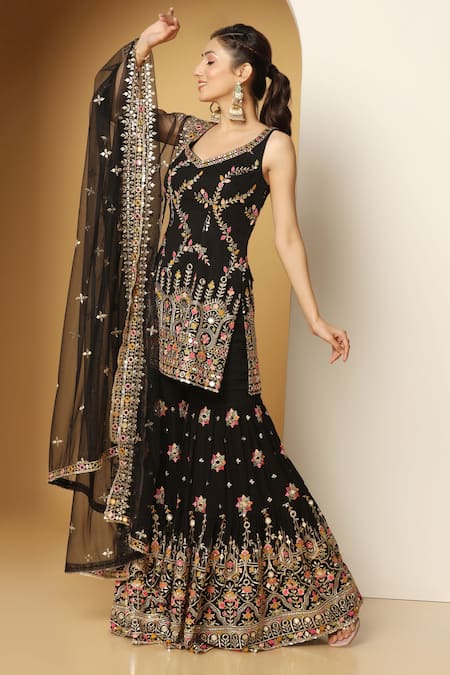 Buy_Meenagurnam_Black Net, Georgette Sequins, Mirrors, Embroidery Mughal Art Kurta Sharara Set _Online_at_Aza_Fashions