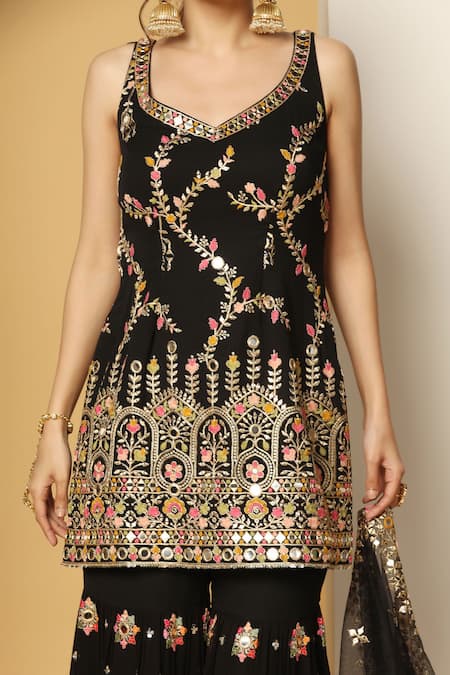 Meenagurnam_Black Net, Georgette Sequins, Mirrors, Embroidery Mughal Art Kurta Sharara Set _at_Aza_Fashions